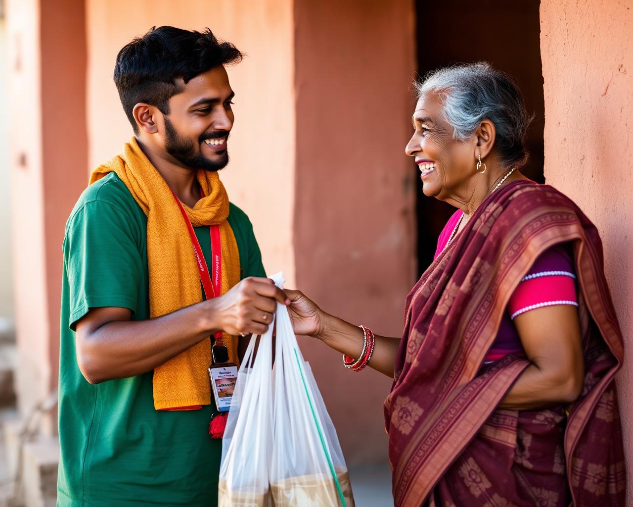 Volunteer giving ration to elderly woman